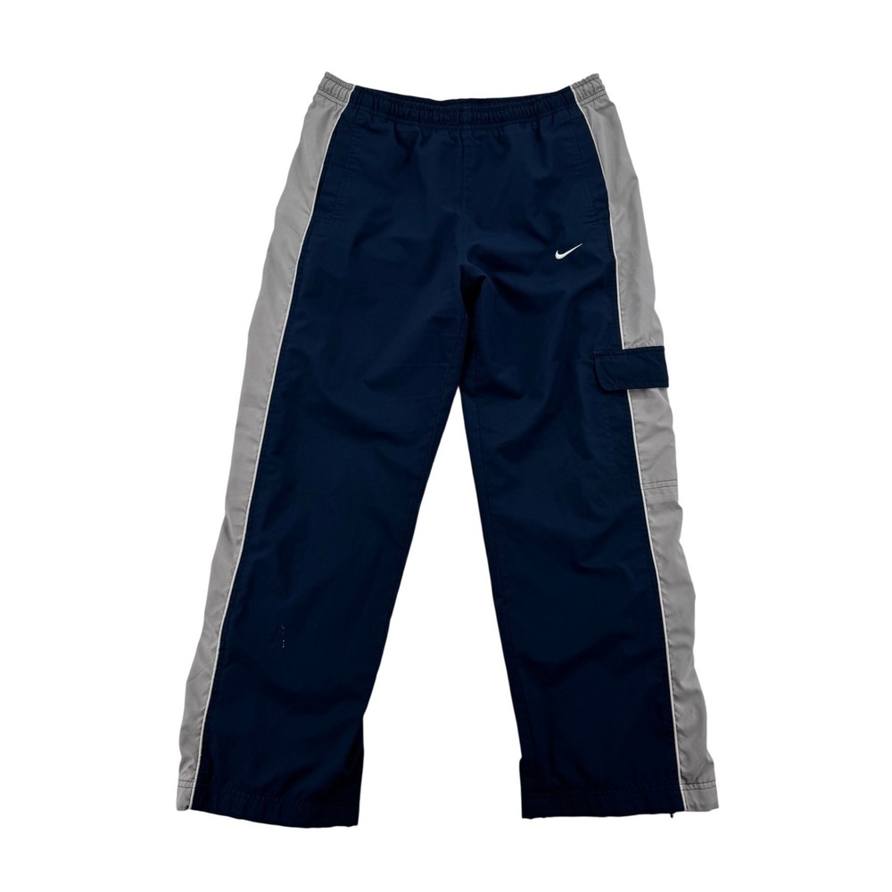 Y2K Unisex Nike Track Pants Lined Kids Large 14-16 Navy Blue Good Cargo Pocket